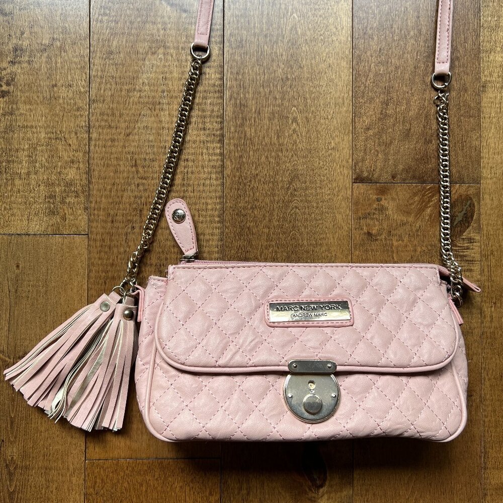 Marc NY Andrew Marc Pink Taupe Quilted Faux Leather Tasseled Crossbody Handbag